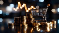 Stacks of golden coins with miniature shopping cart against blurred bokeh lights background, representing retail spending and consumer economics.