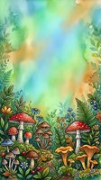Whimsical forest floor with red spotted mushrooms, ferns, and wildflowers against soft watercolor gradient sky in greens, blues, and yellows. Isolated artwork for children's designs.