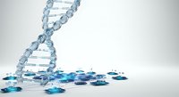 Double helix DNA structure with scattered blue pills and capsules on white background, representing genetic medicine and pharmaceutical research.