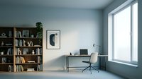 Modern home office with wooden bookshelf, desk, chair, and large window. Minimalist workspace design for remote work, studying, or creative projects.