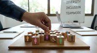 Business professional arranging diverse wooden blocks with colorful human figures representing team diversity and inclusion in modern office workspace.