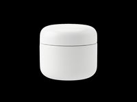White cosmetic jar with rounded lid isolated on transparent background, ready for beauty product packaging design, t-shirt graphics, stickers, and print-on-demand applications.