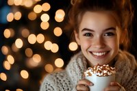 Young Caucasian woman enjoying hot chocolate with marshmallows during cozy winter evening with warm bokeh lights creating festive holiday atmosphere.