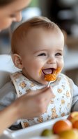 Happy Caucasian baby wearing bib with animal print smiling while being fed orange puree food. Parent feeding healthy organic meal to cheerful infant at home.