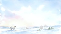 Young horse standing in snowy winter landscape with bare trees and distant hills under cloudy sky, suitable for seasonal and nature designs.