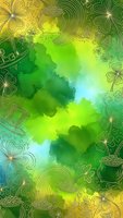 Vibrant green watercolor background with golden shamrock clover border frame for St Patrick's Day celebration and Irish holiday greeting cards.