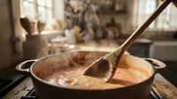 Wooden spoon stirring creamy sauce in cast iron pot on stovetop with steam rising, suitable for cooking blogs, recipe websites, and food preparation content.