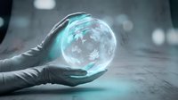 Hands holding glowing blue energy sphere with swirling light effects in futuristic laboratory setting for technology and innovation concepts.