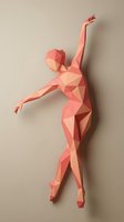 Geometric low poly female dancer in coral pink tones performing graceful ballet pose with raised arms against neutral background for modern design projects.