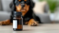 Pet medication bottle with blank label on table while black and tan dachshund dog rests in background at home for veterinary healthcare concept.