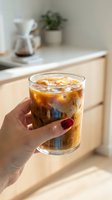 Hand holding glass of iced coffee with ice cubes in modern kitchen setting with coffee maker and potted plant in background, perfect for beverage and lifestyle content.