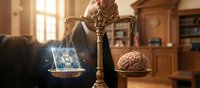 Artificial intelligence brain versus traditional justice scales in courtroom setting representing technology impact on legal system and judicial decisions.