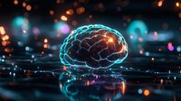 Glowing neon brain hologram with neural connections on reflective surface amid blurred bokeh lights, representing artificial intelligence and cognitive science.
