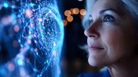 Woman gazing at futuristic holographic brain with neural networks and glowing connections. Digital technology, artificial intelligence and neuroscience concept.