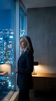 Confident mature businesswoman gazing through office window at city lights during evening hours in modern corporate building interior.