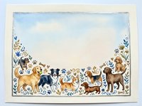 Watercolor dogs border frame with floral elements on white background, featuring various breeds in decorative arrangement for pet-themed designs.