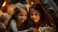Two happy young Caucasian girls lying in cozy blanket fort with fairy lights and stuffed toys, sharing joyful moment during sleepover or playtime at home.