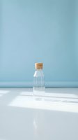 Small clear glass bottle with cork stopper on white surface against soft blue background for minimalist product photography and packaging design.