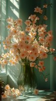 Delicate peach daffodils in glass vase by window, sunlight casting soft shadows on mint green wall, creating romantic spring atmosphere for home decor.