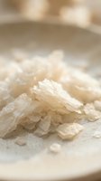 Sea salt crystals scattered on a neutral ceramic plate with soft natural lighting, suitable for culinary, wellness, and food styling applications.