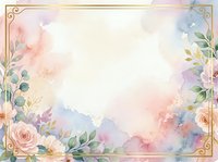 Watercolor floral frame with soft pastel roses, lavender blooms, and delicate foliage on cream background. Ornate corner flourishes. Suitable for invitations, greeting cards, wedding designs, and stationery templates.