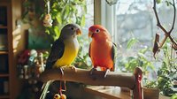 Colorful lovebirds perched together on wooden branch near window, natural sunlight creates warm atmosphere, indoor plants in background, romantic mood.