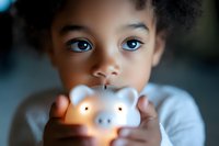 African American toddler with bright blue eyes holds glowing piggy bank toy in soft focus portrait, capturing childhood curiosity and early financial education concept.