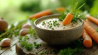 Creamy carrot soup garnished with fresh dill and chives in rustic ceramic bowl on wooden board, surrounded by raw carrots, garlic, and herbs. Natural food styling.