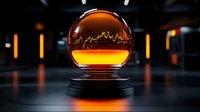 Glowing crystal ball with stock market graph reflection on dark background with orange lights, financial prediction and investment concept visualization.