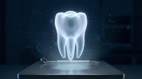 Futuristic holographic tooth projection on digital platform with glowing light effects for dental technology and healthcare innovation concepts.