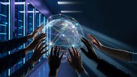 Diverse hands reaching toward glowing digital globe with network connections in modern data center representing global technology collaboration and teamwork.
