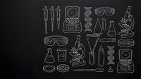 Laboratory equipment and scientific instruments line art icons on black background for educational materials and research presentations.