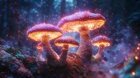 Glowing magical mushrooms in enchanted forest at night with luminescent particles and purple mist creating mystical fairy tale atmosphere.