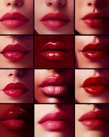 Collage of sensual red lips in different shades and angles showing various lipstick textures from matte to glossy, highlighting feminine beauty and makeup artistry.