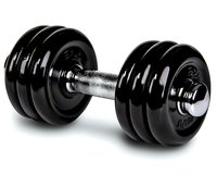 Black adjustable dumbbell with chrome handle isolated on white background. Fitness equipment for strength training and muscle building at home or gym.