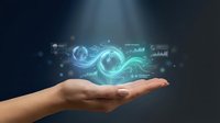 Caucasian female hand holding glowing digital hologram with data analytics charts and globe icon, representing technology innovation and business intelligence solutions.