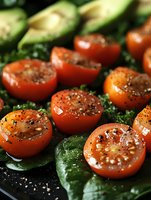 Fresh cherry tomatoes seasoned with black pepper and sea salt on green leaves, close-up macro shot showing juicy texture and vibrant colors for food photography.