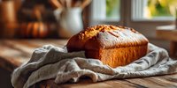 Freshly baked pumpkin bread loaf on linen cloth in cozy autumn kitchen with warm sunlight streaming through window creating homemade comfort food atmosphere.