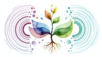 Watercolor plant with roots growing between purple and teal circular patterns on white background, symbolizing growth and balance in nature.