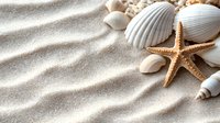 White seashells and starfish on rippled beach sand creating tranquil summer vacation scene with soft natural lighting and shadows for spa and wellness design.