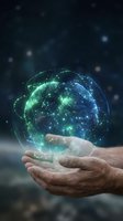 Digital holographic Earth globe floating above cupped hands with glowing network connections and data points for technology and global communication concepts.