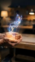 Elderly hands holding glowing magical butterfly with sparkling light effects in warm indoor setting for fantasy and spiritual concepts.