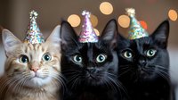 Three cats wearing colorful party hats with festive bokeh background, celebrating a special occasion with wide-eyed expressions.