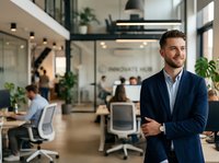 Confident male professional in navy blazer and light blue shirt standing in modern office space with colleagues working at desks, plants, and glass partitions in background, suitable for corporate and business concepts.