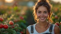 Happy young woman farmer smiling in tomato greenhouse during golden hour harvest time. Agricultural worker enjoying organic farming lifestyle outdoors.