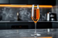 Elegant champagne flute filled with sparkling golden beverage on modern kitchen counter with warm ambient lighting for luxury dining and celebration concepts.
