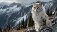 Majestic long-haired cat sitting on rocky mountain ledge with dramatic snow-capped peaks in background, perfect for nature and pet photography.