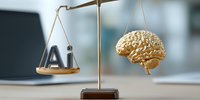 Golden brain and AI letters balancing on justice scale, symbolizing ethical considerations in artificial intelligence development and implementation.