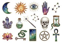 Celestial and mystical symbols collection featuring crescent moon, sun, eye, hand, stars, crystals, potion bottle, wand, skull, hourglass, lotus flower, snake, tarot card, pentagram, and ankh isolated on white background. Suitable for occult designs, spiritual artwork, and esoteric projects.