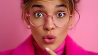 Young woman with surprised expression wearing pink glasses and turtleneck sweater making kissing face against pink background. Close up portrait with bright makeup.